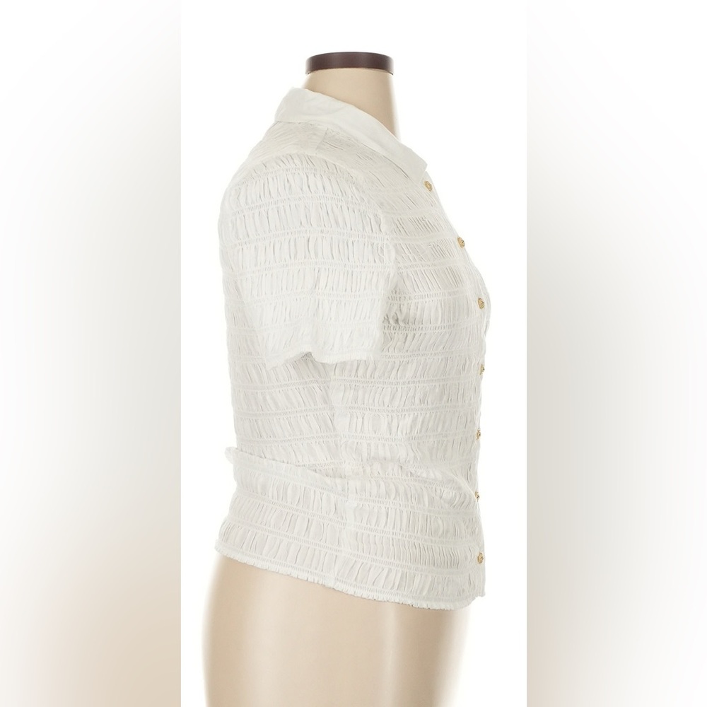 J. Crew White Cap Sleeve Smocked Dress Shirt Collar Top - Picture 3 of 7